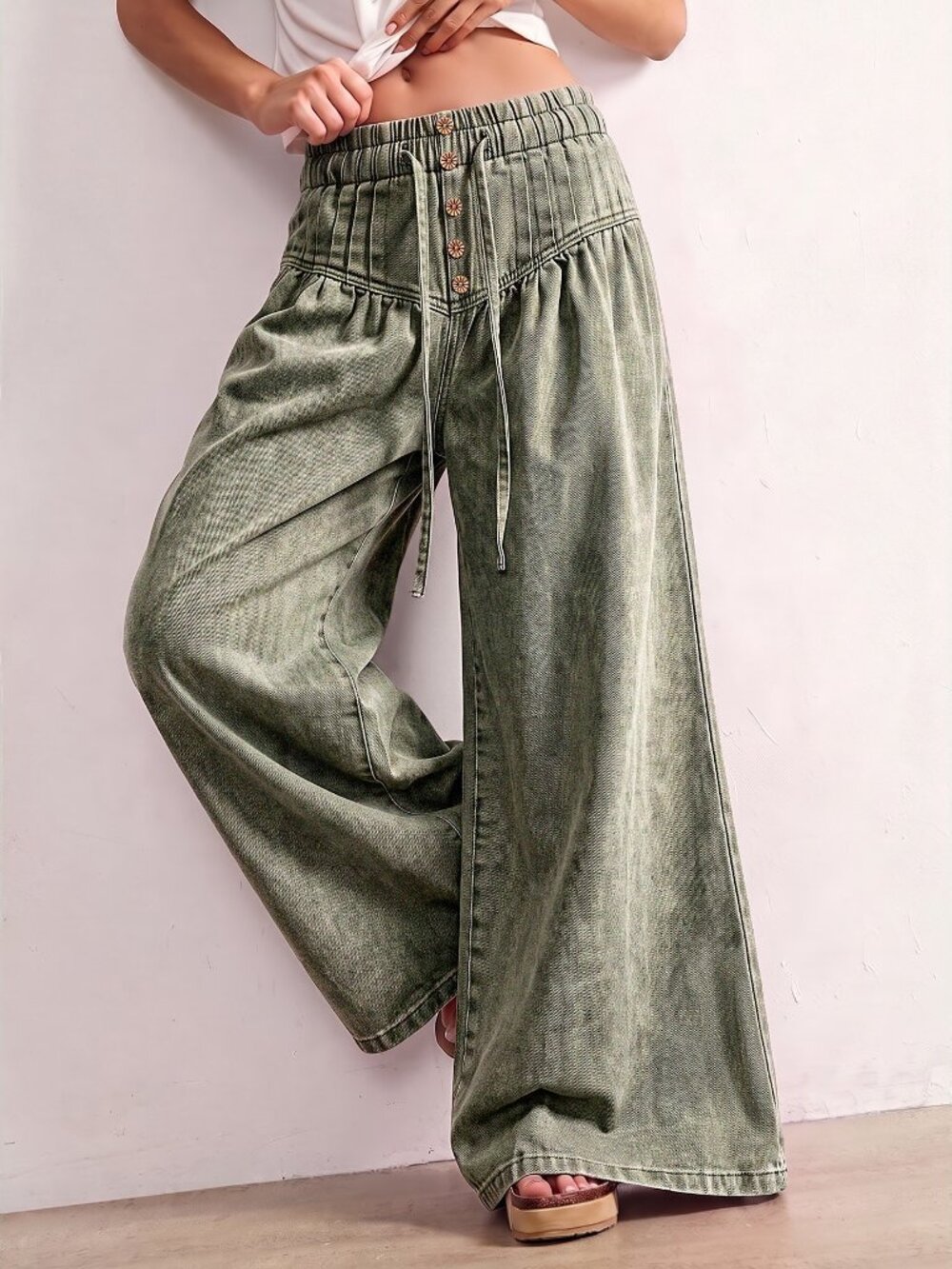 Army Green Casual Women's Woven Loose Fit Denim Jeans
